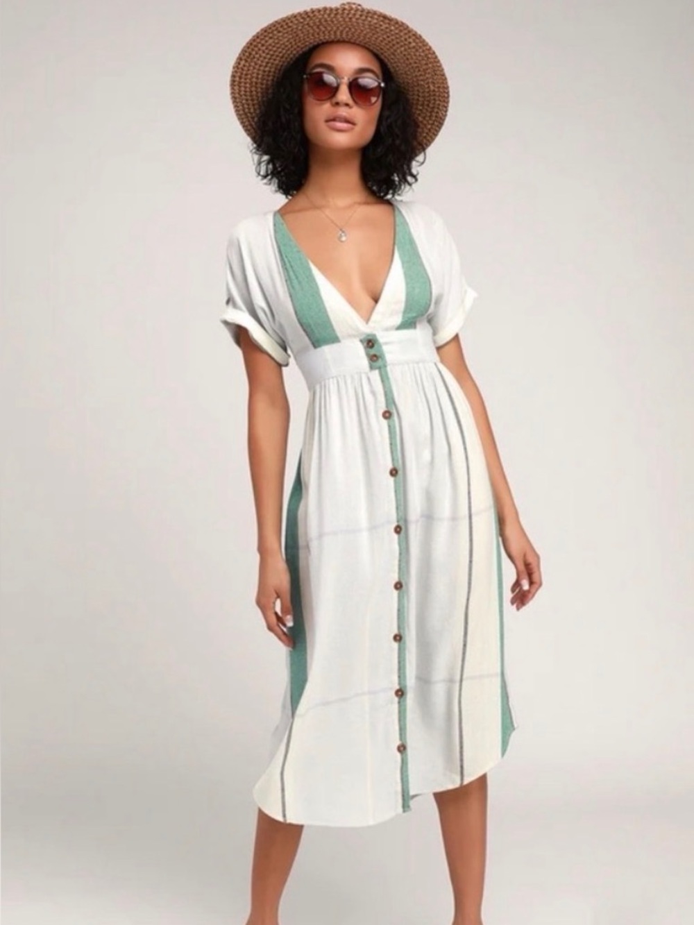 O'Neill Green & Cream Striped Button-Front midi dress cotton viscose coastal